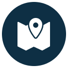 Blue and white minimalist line icon representing a corporate headquarters building