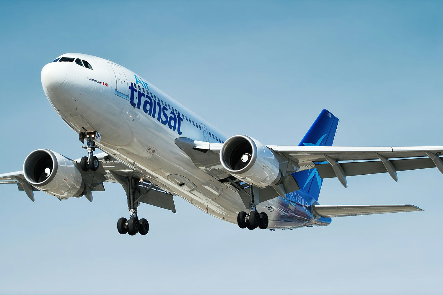 Air Transat Airbus A310 passenger jet taking off against a clear blue sky.